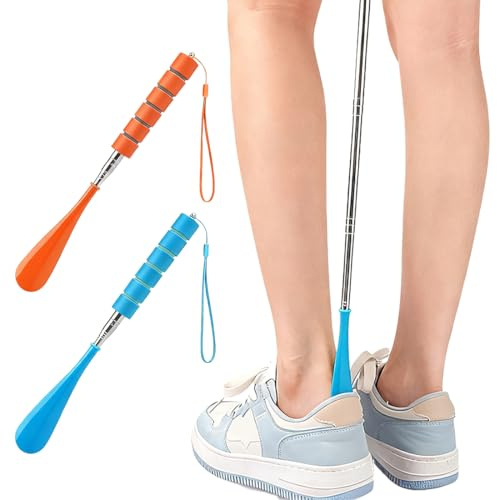 YUVKIN 2 Piezas Calzador Telescópico, Calzador de Zapatos Largo de Plástico con Mango Cómodo, Barra de Metal (28-70cm) (Naranja y Azul)