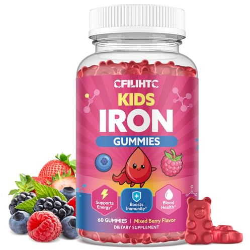 Iron Gummies for Kids & Teens, Kids Multivitamin with Iron Supplement, Calcium, Folate, Zinc, Prebiotic - for Blood Builder & Energy Support, Iron Deficiency - Vegan & Non-GMO - 60 Count Mixberry