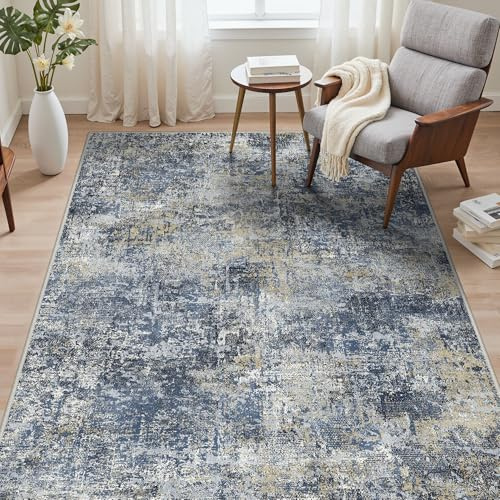 GENIMO Rug Living Room 120x170cm, Modern Abstract Area Rugs Washable, Non-Slip Floor Carpet, Low Pile, Non-Shedding, Dining Room, Bedroom, Kitchen, Indoor, Multi-Tone Blue Abstract