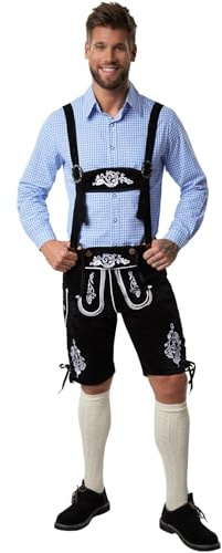 dressforfun 900814 Pantaloni Tirolesi Neri da Uomo, Ricami di Fine Lavorazione in Bianco, Costume Tradizionale -Diverse Misure (M| Nr. 302831)