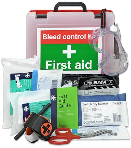 EVAQ8 Bleeding Control Kit for Critical Injury in Red First Aid Box for Traumas in Forestry Farms Workshops Includes Tourniquet and Haemostatic Dressing