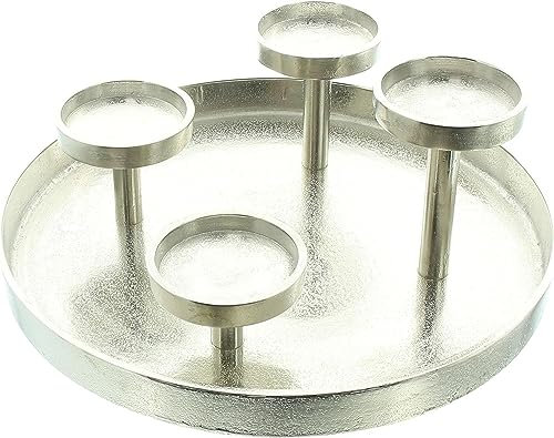 Kerzenhalter Tablett aus Aluminium in Antik Optik, Silber, Adventskranz Ø 32 cm, Kerzentablett für 4 Stumpen-Kerzen, Tischdeko für Wohnzimmer-Tisch oder Esstisch