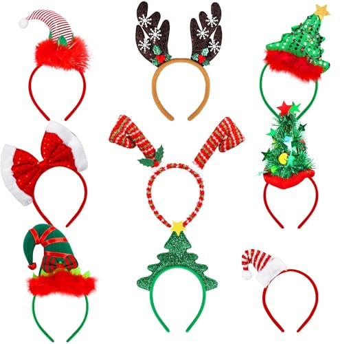 Aodaer 9 Pack Christmas Headbands Elf Hats Headwear Assorted Christmas Tree Reindeer Costume Hair Hoop for Christmas Party Supplies