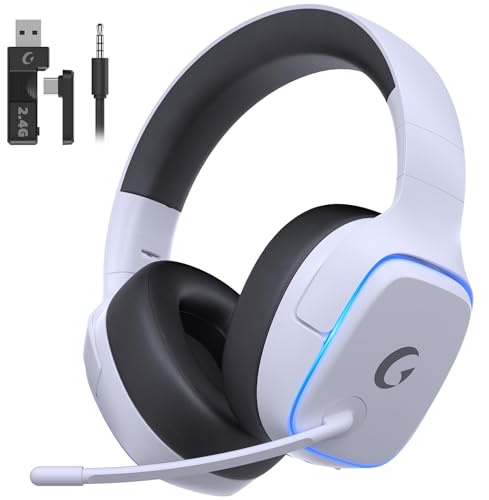 Gvyugke 2.4GHz Wireless Gaming Headsets for PS5, PS4, PC, Switch - Bluetooth 5.3 Gaming Headphones with Noise Canceling Mic, 7.1 Surround Sound, 70H Battery, Blue Lighting - White