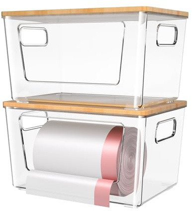 spospo 2 Pack Trash Bag Holder with Bamboo Lid, Stackable Trashbag Dispenser, Extra Large Garbage Bag Holder for Kitchen Laundry Room Under Sink Organization and Storage