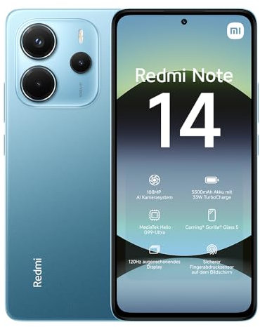 Xiaomi Redmi Note 14 smartphone, 8+256GB, blue, 108MP AI camera system, 5500mAh battery, 120Hz eye-care display, AI features (no charger included), 2 year Warranty