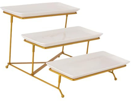 AADDFDD Soporte Tarta, Bandeja de postres de Frutas de 3 Niveles con 3 Platos de Porcelana, Juego de exhibición para Fiestas, Estante Dorado, 29 cm x 35 cm x 22,5 cm