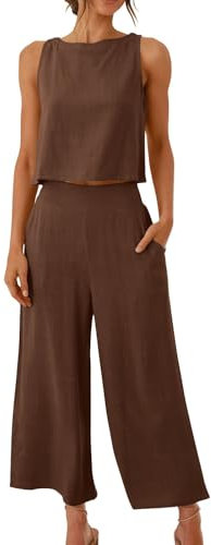 2 Piece Outfits Women Cotton Linen Sleeveless Crop Tops Wide Leg Trousers Co Ord Sets Summer Loungewear Airport Outfit Linen Sets for Women Solid Casual Loose Tracksuit with Pockets