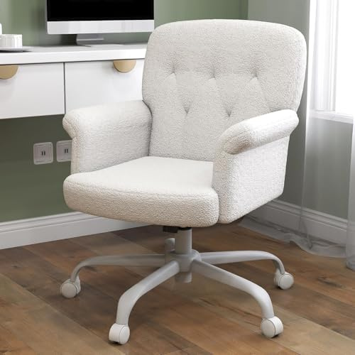 Keratee Home Office Desk Chair, Comfy Upholstered Fuzzy Vanity Chair with Wheels and Arms, Teddy Velvet Cute Adjustable Swivel Computer Seat for Living Room, Bedroom, Make Up and Salon, White