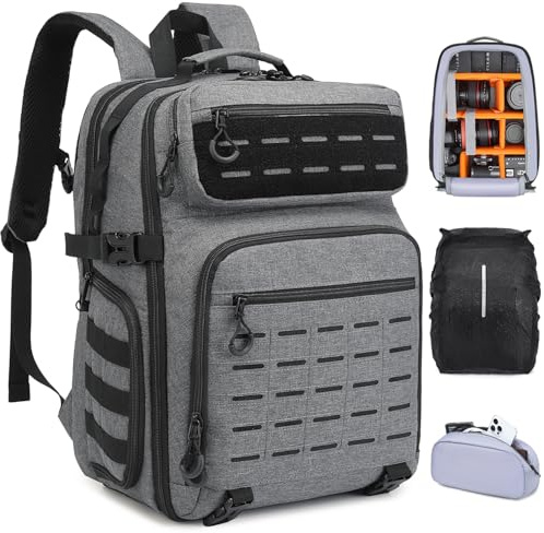 FRETHIND Sac à dos étanche pour appareil photo reflex numérique Canon Nikon Sony drone, objectif, ordinateur portable - Avec housse de pluie, Noir + gris.