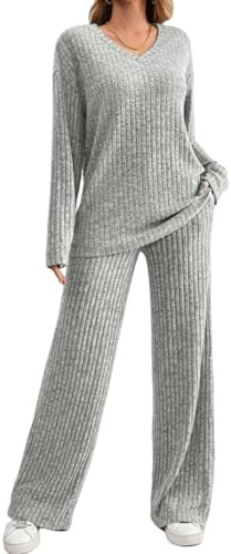 DURINM Conjunto Punto Mujer 2 Piezas Casual Ropa Verano Manga Corta de Punto y Cómodo Pantalon Suelto Moda Conjuntos Loungewear Deportivo Invierno Yoga Fitness Mujer Vestir Dos Piezas