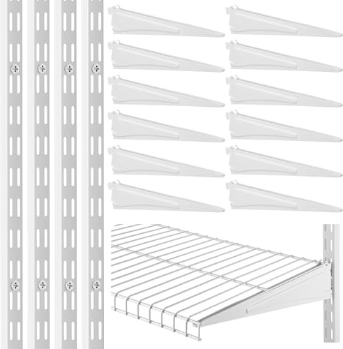 CroBlissful 47.5 Inch Twin Rail Upright Wall Shelving System with 12 Inch Locking Shelf Bracket Adjustable Closet System Heavy Duty Metal Support for Deep Wire Shelving Closet (16 Pcs)