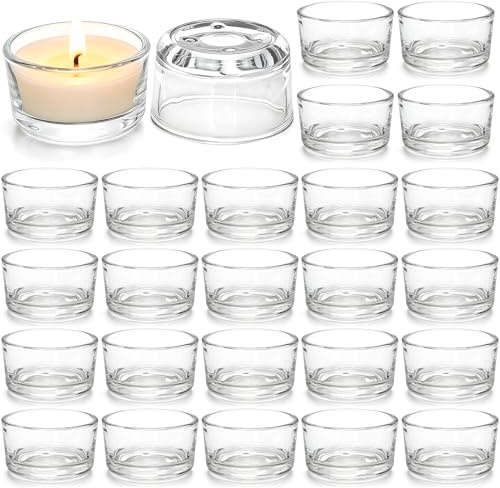 ASSRECT 24 Clear Glass Tealight Candle Holders, 4.5cm x 2.5cm Small Votive Cup with 4-Point Non-Slip Base, Elegant Transparent Tea Light Holders for Wedding Party Table Decor, Engagement, Anniversary