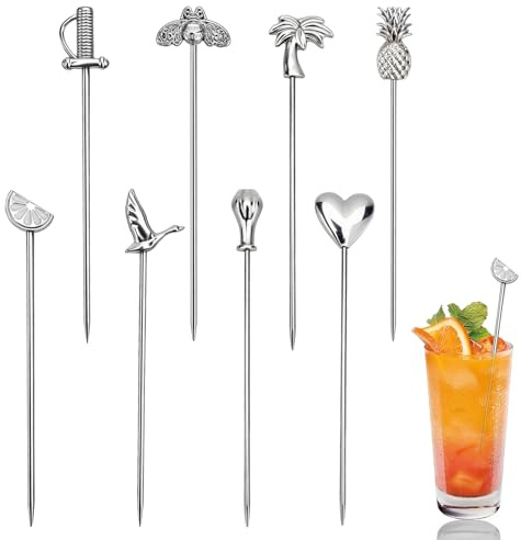 Yicelerate Palillos De Cóctel Acero Inoxidable,Palillos para Aperitivos,8Piezas Verano2,Decoración para Cócteles,Brochetas De Reutilizables para Sándwiche Aceituna Pastel Postre Eventos De Fiesta