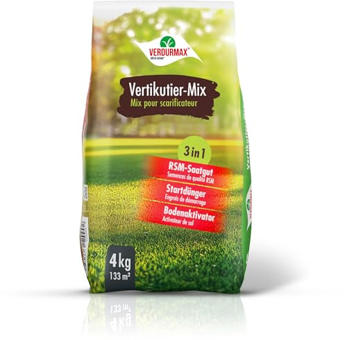 VERDURMAX® 1 x 4 kg Scarificateur -Mix 3 en 1 – Mélange de Semences Gazon RSM, Engrais de Démarrage et Activateur de Sol – Régénération Rapide Pelouse Dense et Verte