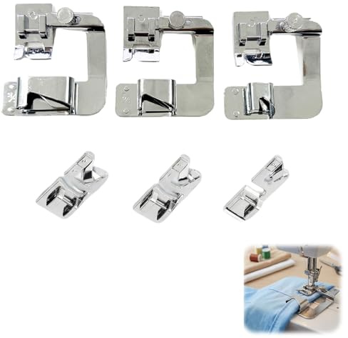 6 Pcs Pieds pour Machine à Coudre, Pied de Biche Comprenant 3 Pieds Ourlet Roulé Étroit (3/4/6 mm) et 3 Pieds Presseur Ourlet Roulé Large (4/8, 6/8, 8/8''), Accessoires de Couture Polyvalents