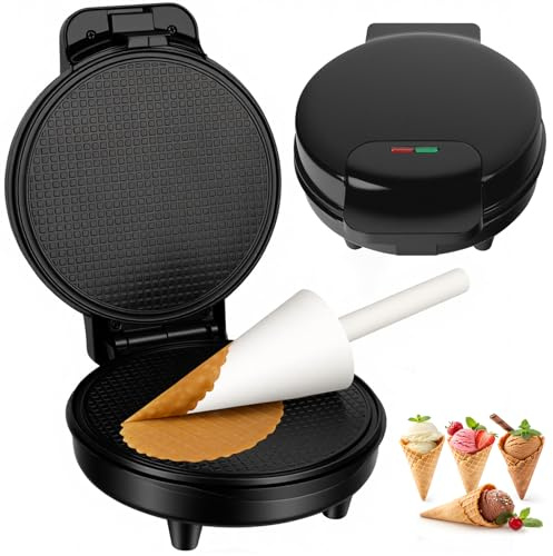 Hörnchenautomat für hauchdünne Waffeln, 1000 W, Waffeleisen für Kegel, Backfläche Ø 19 cm, antihaftbeschichtet, wärmeisolierender Griff, Kegel-Zubehör inklusive, Es ist schwarz