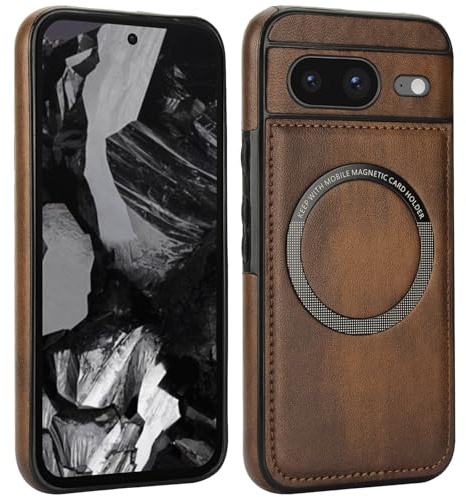 för Google Pixel 8 tunt magnetiskt trådlöst laddningsfodral, smalt hybridskydd med magnetisk ring för trådlös laddare, magnetiskt bilfäste och plånbok, skyddande stöttåligt telefonfodral (brun)