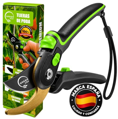 GREEN GOF Tijeras de Podar Profesionales Premium para Jardinería, Hoja de Titanio y Acero Japonés SK5, Cortes de hasta 35 mm, Doble Apertura Ajustable, Mango Antideslizante.