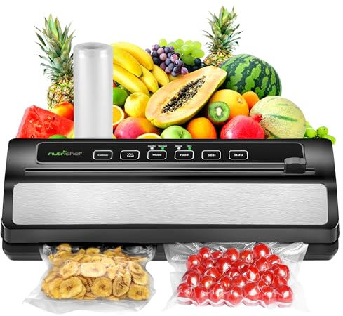 NutriChef Máquina Automática de Envasado al Vacío – 110W Acero Inoxidable para Carnes y Sous Vide, 2 Modos de Sellado, Bolsas y Tubo de Vacío – Negro