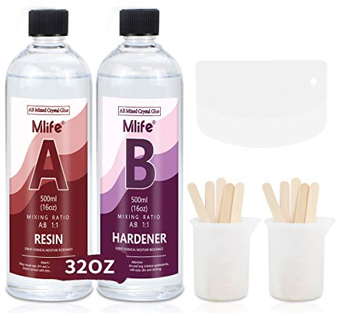 Epoxy Resin-1000ml/32oz Clear Crystal Resin Coating Kit,2 Part Casting Resin with Sticks, Graduated Cups and Plastic Scrapers for Art, Craft, Jewelry Making, River Tables
