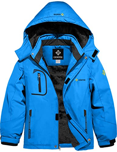 GEMYSE Jungen Skijacke Wasserdichte Winddichte Winterjacke Warm Gefütterte Kinder Schneejacke mit Kapuze für Outdoor(Himmelblau,152-158)