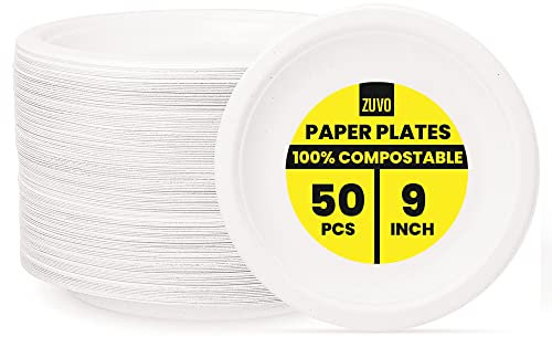 Zuvo 9-Inch Compostable Paper Plates – 50 Pack, Eco-Friendly, Biodegradable and Disposable for Party, BBQ & Picnic – Strong & Sturdy Bagasse Tableware​, White