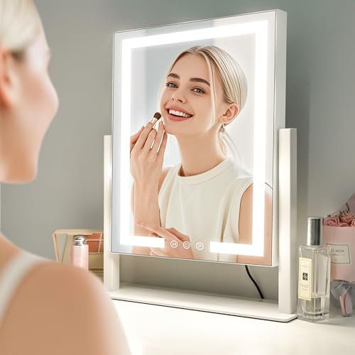 LuxeVue Vanity Mirror with Lights, Makeup Mirror with 3 Lighting Modes, Light Up Mirror with Touch Sensor, Detachable 15X Magnifying, AC-Powered, Metal Frame, Rotatable, 14.5 -White