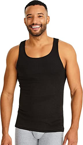 Hanes Men’s Tagless Ribbed Undershirt, Black - 5 Pack, Large