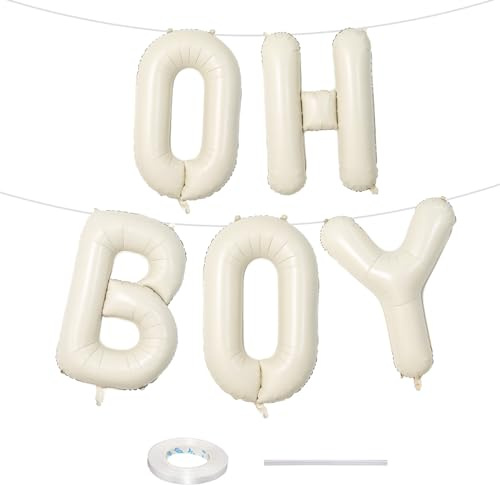 Large Beige Oh Boy Balloons, 40 Inch Cream White Sand OH BOY Balloon Letters with Ribbon, Neutral Ivory Alphabet Oh Boy Balloon for Baby Kid Boys Birthday Baby Shower Gender Reveal Party Decorations