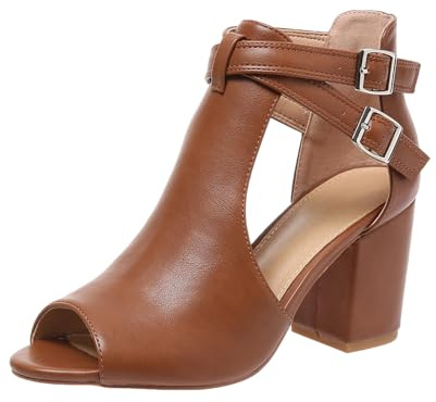 Peep Toe Heeled Sandals for Women Open Toe Side Cutout Chunky Heels Adjustable Ankle Buckle Summer Booties US5-11, brown, 8