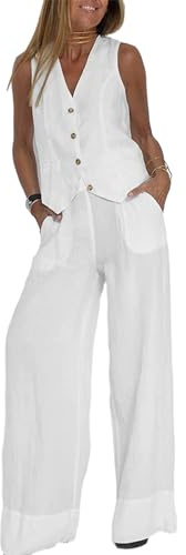 Women's Cotton Linen 2 Piece Outfits Casual Sleeveless Blazer Vest Wide Leg Pant Sets Business Suits for Work Office (A-White, L)