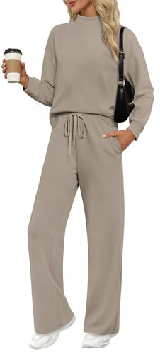 WIHOLL Track Suits for Women Set Long Sleeve Mock Neck Two Piece Outfits Fall Winter Fashion 2025 Work Out Sets Spring Break Fall Winter Resort Wear Cruise Light Coffee M