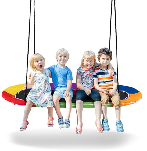 GYMAX Kids Nest Swing with LED Lights and Height Adjustable Ropes, Indoor Outdoor Saucer Swing for Playground Garden Backyard, Holds Up to 300kg (Colorful, 150 x 81cm)