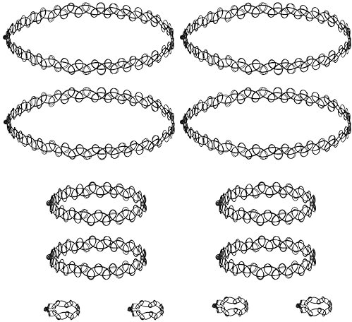 12 Stück Choker Halskette Sets,Elastische Tattoo-Halsband,Ringe,Armbänder,Jeweils 4Stück,Schwarze Choker Kette Damen 90er Jahre Outfit Damen,Punk Gothic Tattoo kette 90er jahre Accessoires für Mädchen