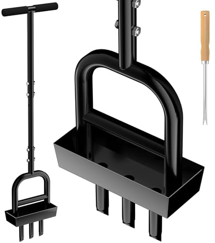 Herramienta de descorazonamiento de césped, aireación manual de césped de 41 pulgadas con bandeja de almacenamiento de núcleo de tierra de acero inoxidable, 3 tapones de acero inoxidable, para cuidado