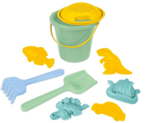 LENA® Sandspielset 9-teilig – Eimer Ø 18 cm (2 L), Sieb, Schaufel, Rechen & 5 Förmchen – farbig Sortiert – ab 12 Monate – TÜV Zertifiziert – Made in Europe