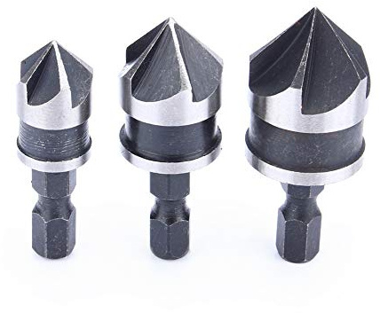 Ensemble de 3 fraises coniques 1/4 hexagonales 12/16/19 mm, pour bois et métal, à changement rapide, chanfrein à queue hexagonale, foret, couteau à chanfreiner à 90°, kit de