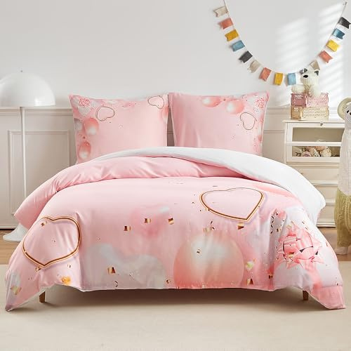WUMIUER - Set biancheria da letto rosa 155x220 cm 2 pezzi - Design con stampa a palloncino a cuore - Morbido copripiumino 155x220cm e 1 federa 80x80cm con chiusura lampo, biancheria da letto dolce per