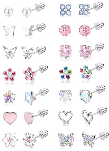 MILACOLATO 14Pairs Flat Back Stud Earrings for Women Girls Kids | Hypoallergenic Surgical Steel Earrings for Sensitive Ears Screw Back Stud Set Cute Kids Toddler Sleeper Earring Jewellery