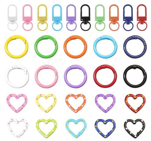 VelvetGlow 30PCS Mini Mosquetones para Llaveros, Cierres de Mosquetón, Cierres con Forma de Corazón y Anillas de Resorte para Llaveros DIY, Regalos, Llaveros, 10 Colores