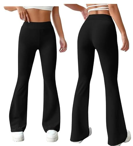 Women’s Flared Trouser High Waist Ladies Boot Cut 29& 31 Leg Length Ribbed Stretch Work Pants –Pull On Flare Bottom for Women Gym Office Work wear Slack