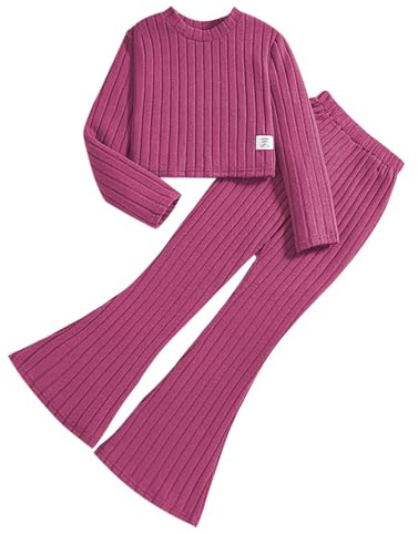 Conjunto de leggings para niña con cuello redondo de punto acanalado, camiseta de manga larga y pantalón Bell Bottom, conjunto de primavera de 2 piezas, Rosa intenso., 11-12 años