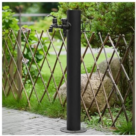 Fontaine à eau de jardin en acier inoxydable avec colonne cylindrique, support de tuyau indépendant et robinet à double sortie (50 x 20,5 cm) – Décoration extérieure pour terrasse et cour