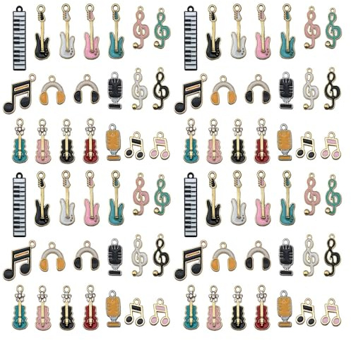 Youdiyla Musical Instrument Enamel Charms Set, 48 Pieces Decorative Guitar Piano Music Note Pendants in Gold Tone, Multicolor (SN961)