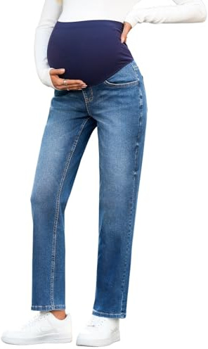 BLENCOT Women's Maternity Jeans Work Pants Over Belly Fit Stretchy Straight Leg Pregnancy Clothes with Pockets Light Blue Medium