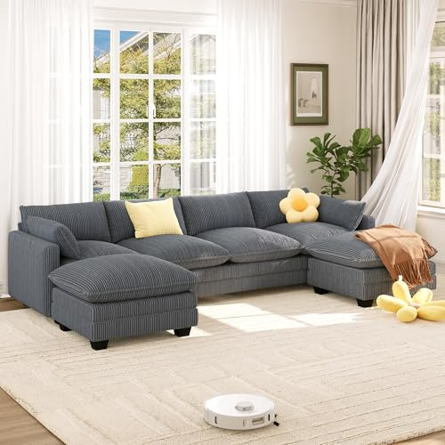 Xbro Divano Modulare a U 4 Posti con 2 Pouf, Divano Cloud in Tessuto a Coste, Seduta Extra Profonda e Morbida, Rivestimento Sfoderabile, Divano Grande per Soggiorno, Grigio Scuro
