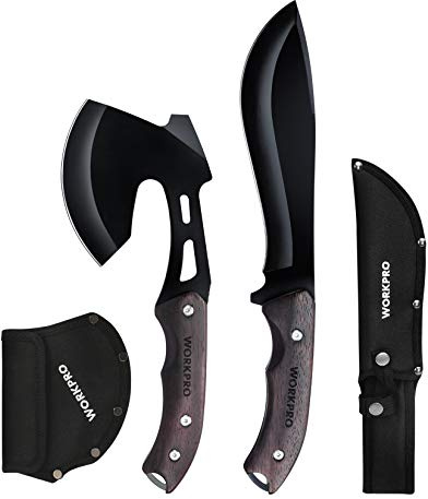 WORKPRO Axe and Fixed Blade Knife Combo Set, Full Tang, Wood Handle, for Outdoor Camping Survival Hunting, Sheath Included