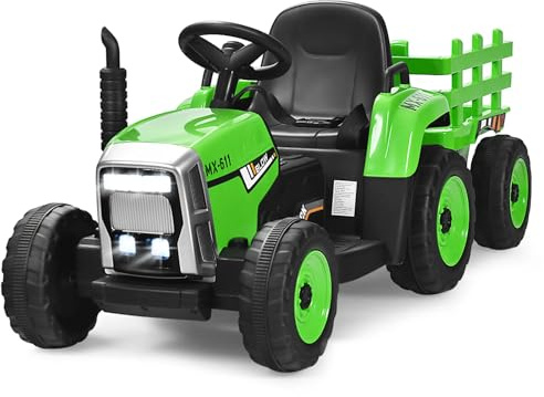 HONEY JOY Ride On Tractor with Trailer, Toddler 3-Gear-Shift Ground Loader, LED Lights, Horn, Music, 12V Battery Powered Electric Toy Tractor with Remote Control (Green)
