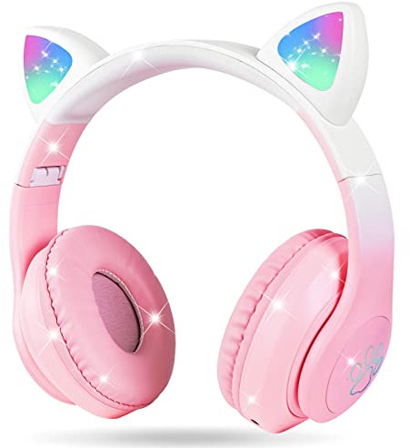 AXFEE Auriculares Inalámbricos Niños, Luz LED, Orejas de Gato, Kids Headphones Móvil totalmente plegables con Micrófono – Regalo de Cumpleaños/Navidad (Rosa Degradado)